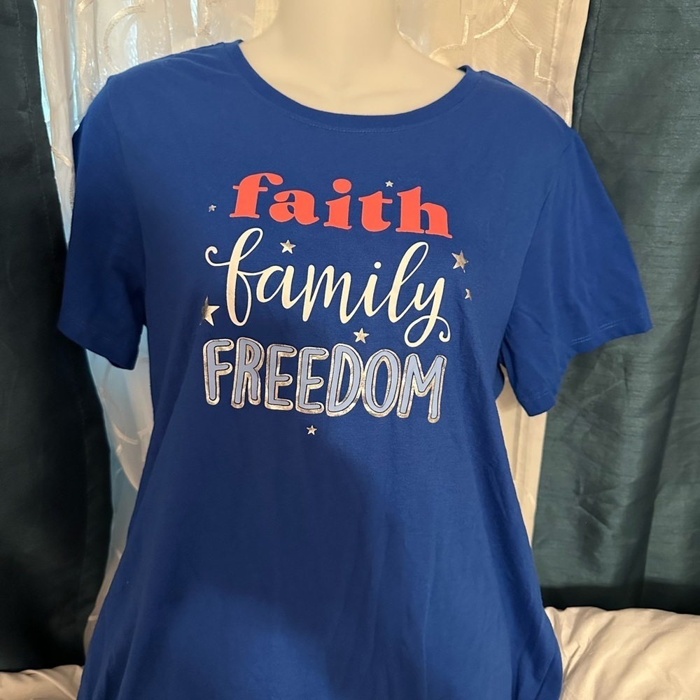 Blue Women’s Shirt with Faith Family Freedom Design